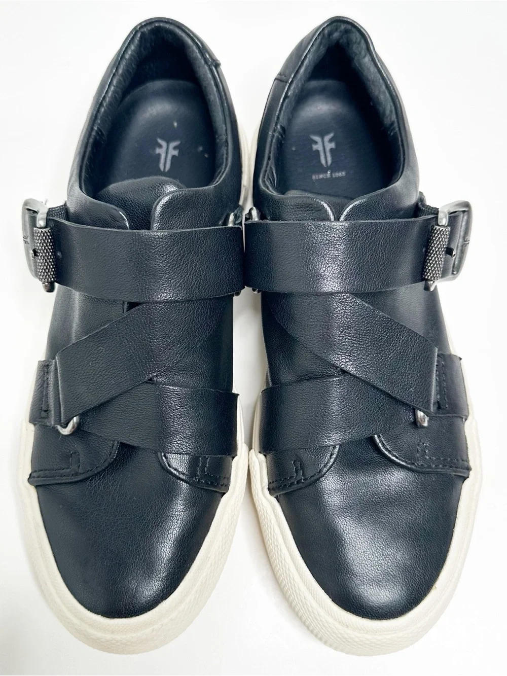FRYE Gia Low Top Moto Buckle Black Leather Sneakers Womens Size 5.5